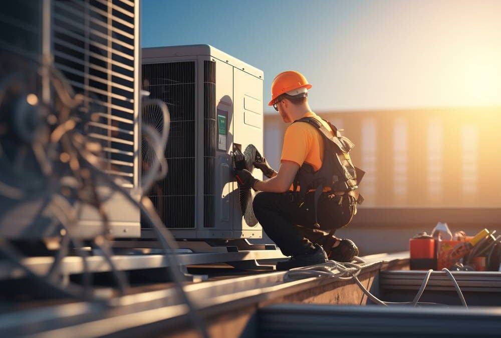 HVAC technician servicing rooftop air conditioning unit during Montgomery Alabama summer